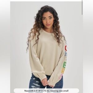 Aerie Pleated Sleeve Crew Sweatshirt Cheers Oversized Relaxed Casual Cream M